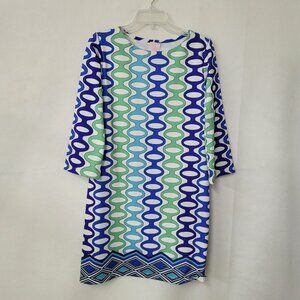 Parisou Dress Women Small Blue Green Geometric Print Shift 3/4 Sleeve Scuba Knit